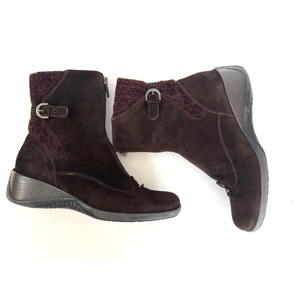 Aquatalia Mia Brown Suede Boots 9 Zip-Front Knit Cuff Low Wedge Heel Booties - Picture 7 of 16